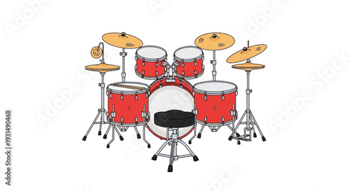 Red drum kit illustration with cymbals on white background