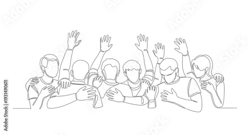 Group of people raising hands and hugging, continuous line drawing