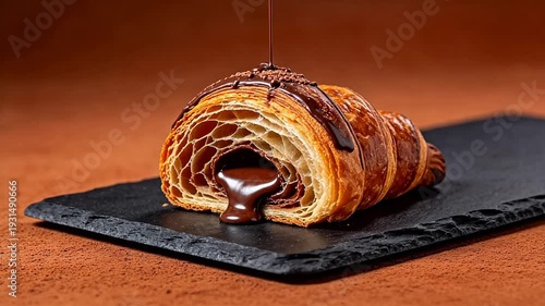 Croissant with chocolate filling on slate