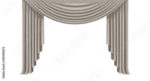 Elegant beige curtain drapery with classic folds on white background