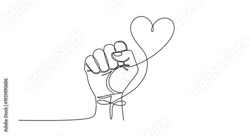 Fist holding heart, single line drawing, symbol of love and unity