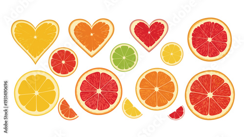 A vibrant collection of colorful citrus fruit slices, including orange, lemon, and grapefruit in round and heart shapes, isolated on a white background.