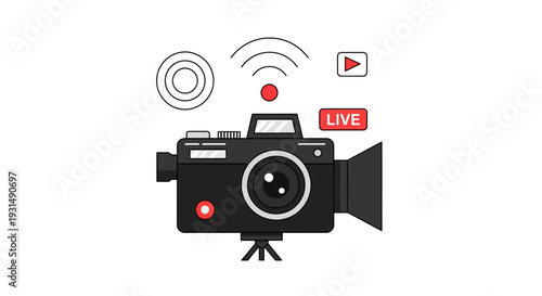 Vintage Video Camera with Live Streaming Icons on White Background