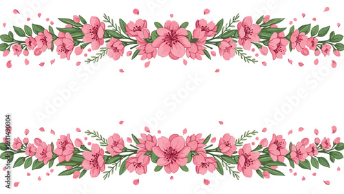 Two beautiful horizontal borders of pink cherry blossoms with green leaves and falling petals, creating an elegant frame for spring and wedding designs.