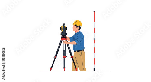 Surveyor using theodolite for land measurement in construction site