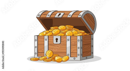 Open treasure chest filled with gold coins on white background