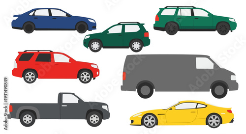 Vector illustration of various car models in different colors and styles