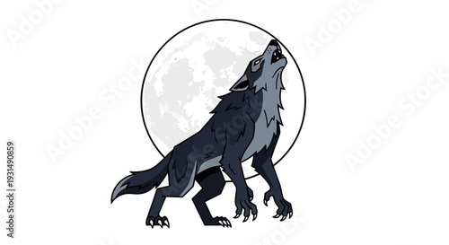 Howling wolf illustration against full moon background