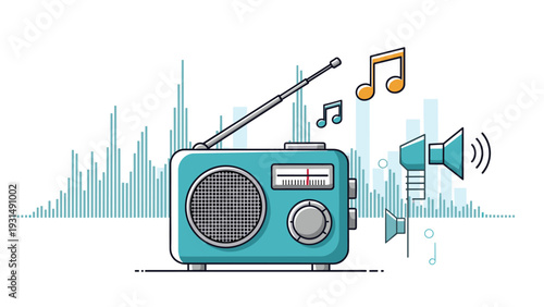 A retro-style radio illustration with music notes and speakers against a soundwave background, representing music, broadcasting, and vintage audio technology.