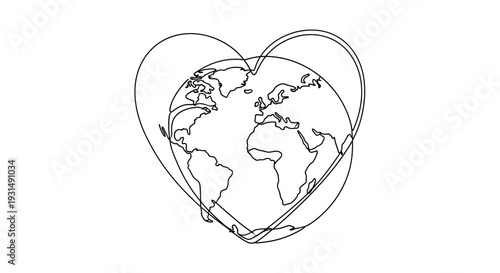 World Map Inside Heart Outline - Love Planet Earth Concept