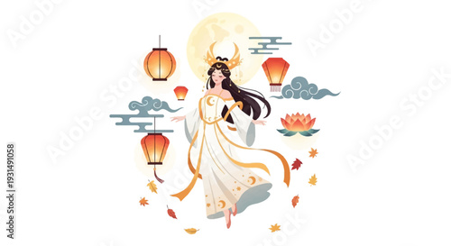Elegant Asian goddess with lanterns and lotus in traditional attire
