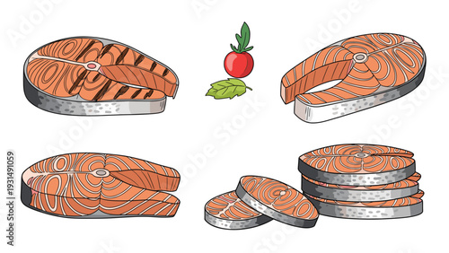 A collection of detailed illustrations of fresh and grilled salmon steaks, perfect for seafood menus, restaurant branding, and healthy food concepts.