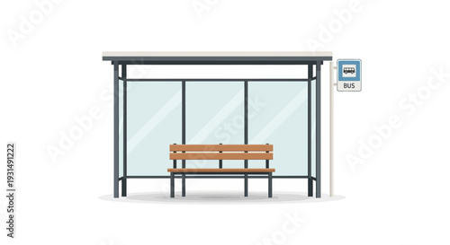 Minimalist bus stop with wooden bench and glass shelter