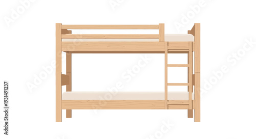 Wooden bunk bed with ladder in minimalist design on white background