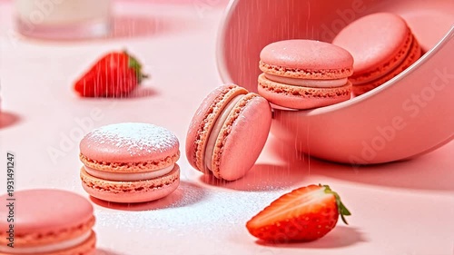 Pink macarons and strawberries on pink surface