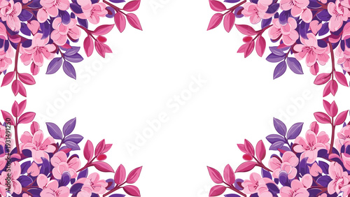 A beautiful floral frame with lush pink and purple flowers and leaves in the corners, providing an elegant border for invitations, cards, and announcements.
