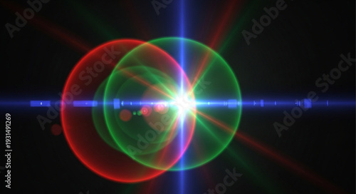 Abstract lens flare with intersecting red and green circles and blue light beams.