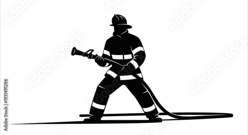 Silhouette of firefighter holding hose in action pose