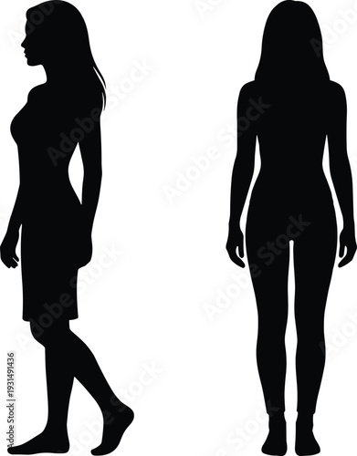 Black silhouette of standing woman side and back view isolated on white background female body illustration set
