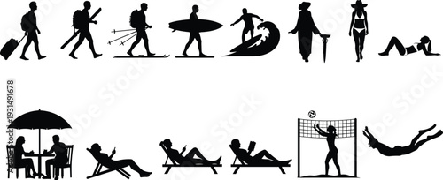 Cad drawing flat vector illustration, black silhouettes set of people traveling, skiing, surfing, sunbathing, playing volleyball and relaxing on summer vacation.