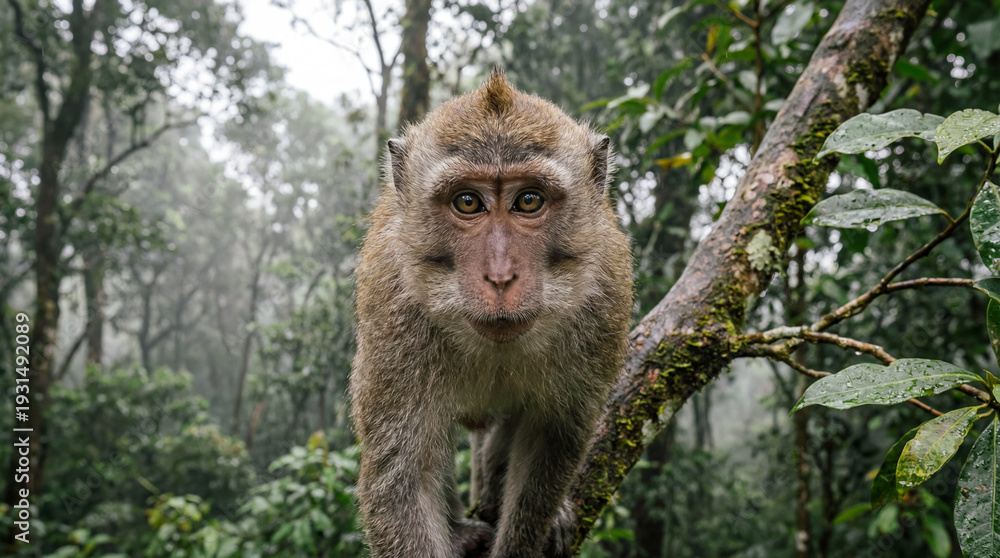 Obraz premium Close-Up Portrait of Monkey on Mossy Tree Branch in Misty Forest