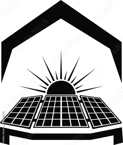 Conceptual vector illustration of a solar panel system under a rising sun within a house roof frame representing renewable energy and green home.
