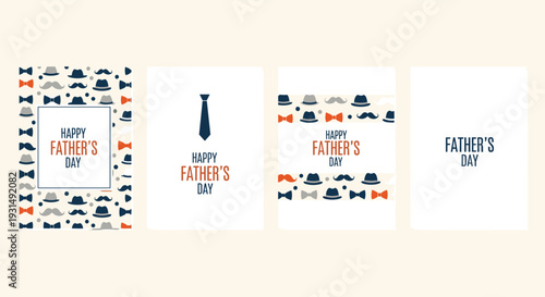 set of Father's Day greeting cards with necktie, hats, mustaches, bow ties and happy celebration messages