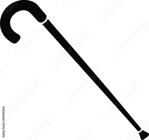 Walking cane silhouette vector illustration, black mobility aid icon, elderly support stick design, minimalist healthcare equipment graphic
