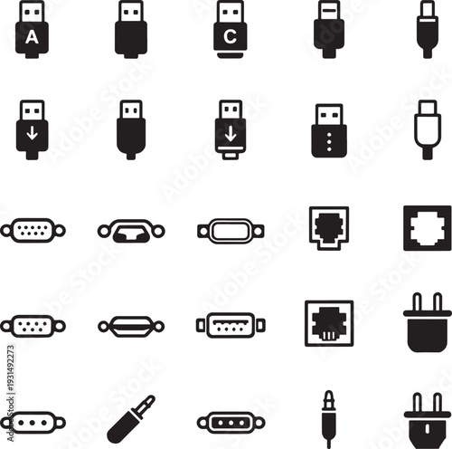 Universal Connection Port and Cable Plug Interface Icon Set for Hardware Tech Components