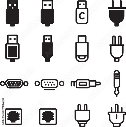 Electronic Port and Cable Plug Connection Icon Set.