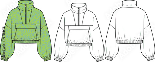 Fashion technical sketch of women cropped quarter zip pullover anorak jacket with front pocket and elastic hem vector set for apparel design tech pack.