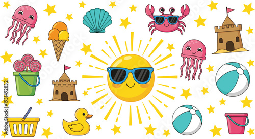 Set of cute summer beach icons with sun jellyfish crab sandcastle ice cream and ball for kids vacation and holiday
