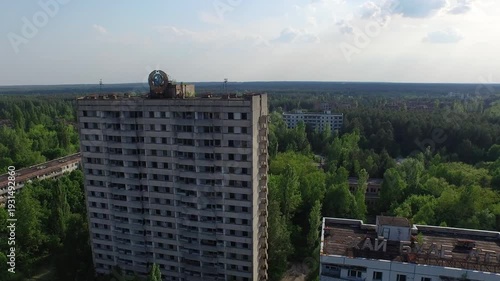 Aerial view of abandoned Pripyat, Ukraine. Decaying buildings, nature reclaims after Chernobyl.