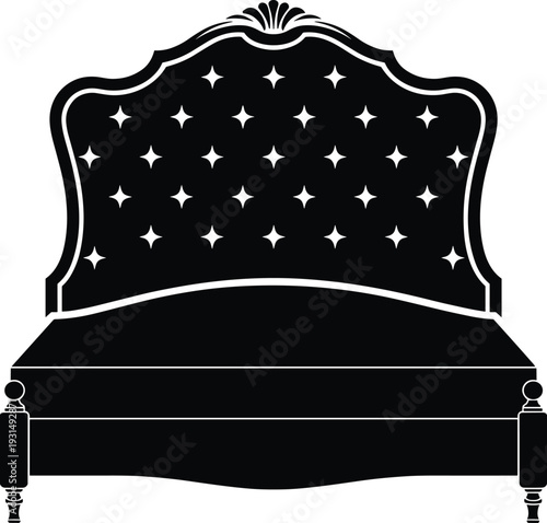 Vintage upholstered bed silhouette vector, luxury bedroom furniture icon, classic tufted headboard design, elegant interior decor illustration