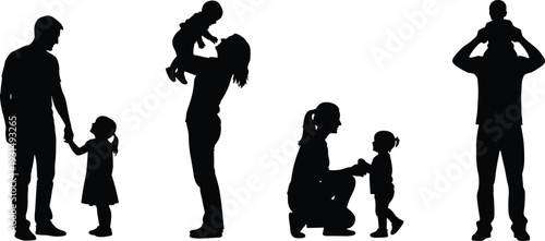 Set of Family Silhouettes Featuring Happy Parents and Children Playing Together Isolated on White Background for Vector Graphic Design Projects