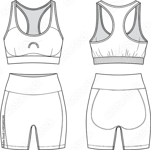 Fashion technical sketch of women activewear set including racerback sports bra and high waisted biker shorts vector for apparel design tech pack template.