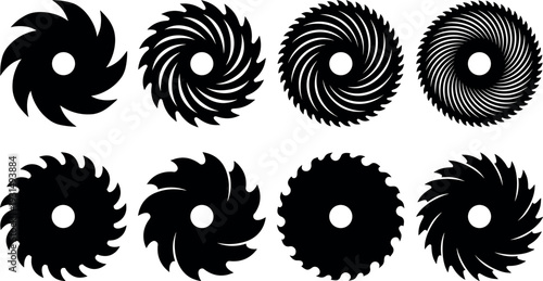 Set of black circular saw blade silhouettes and industrial gear icons for carpentry construction and metal cutting tool vector design with sharp edges.