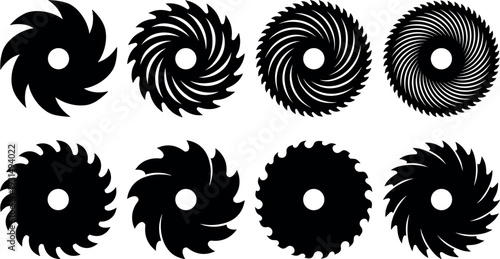Set of circular black saw blade silhouettes and gear icons for industrial, construction, and carpentry tool vector design with sharp cutting edges.