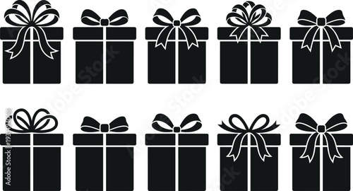 Black gift box icons set isolated on white background, assorted present boxes with ribbon bows, flat silhouette vector collection