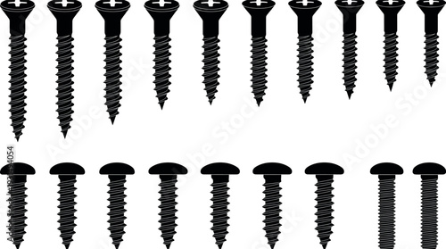 Set of black metal screws isolated on white background, assorted wood and self tapping screws collection, hardware fasteners industrial construction concept