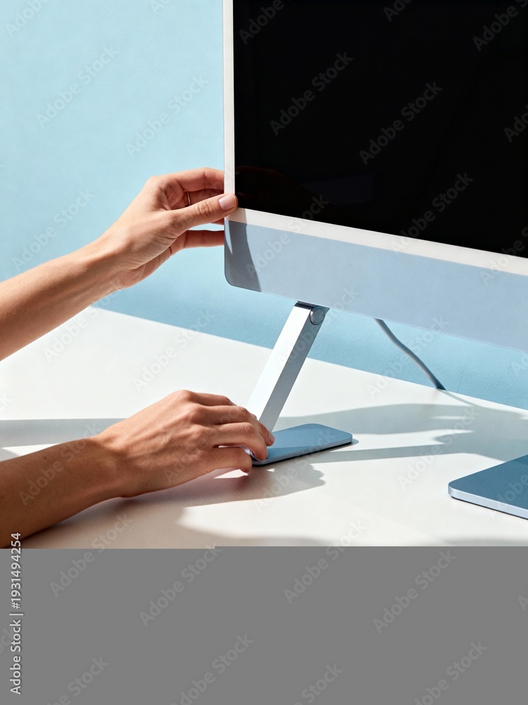 Fototapeta premium Hands adjusting blue desktop computer monitor stand on white desk. Person tilting screen for better ergonomics in modern office
