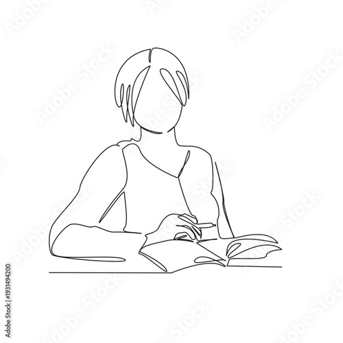 One continuous single drawing line art flat doodle notebook, woman, person, writing, pen, home, lifestyle, table, note, work. Isolated image hand draw contour on a white background; hand drawn; not AI