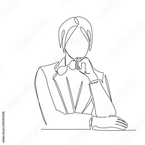 One continuous single drawing line art flat doodle person, woman, businesswoman, sitting, table, goggles, female, adult, office, work. Isolated image hand draw contour on a white background; hand draw