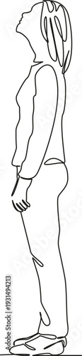 One continuous single drawing line art flat doodle woman, sky, looking, beautiful, lifestyle, person, standing, outdoors, nature, female. Isolated image hand draw contour on a white background; hand d