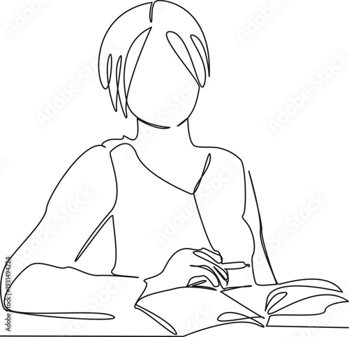 One continuous single drawing line art flat doodle notebook, woman, person, writing, pen, home, lifestyle, table, note, work. Isolated image hand draw contour on a white background; hand drawn; not AI