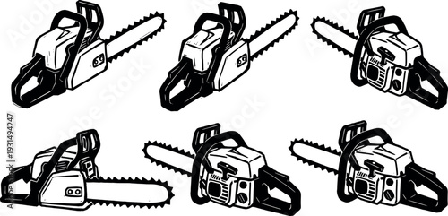 Chainsaw set black and white vector illustration, detailed power tool collection isolated on white background for woodworking and logging design