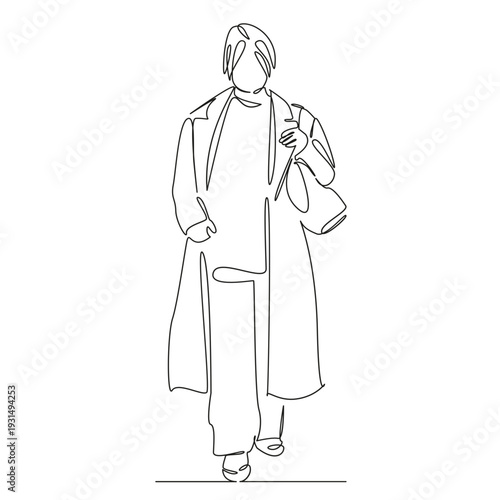 One continuous single drawing line art flat doodle woman, bag, beige, coat, model, fashion, style, elegant, girl, look. Isolated image hand draw contour on a white background; hand drawn; not AI