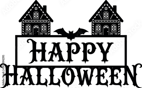 Happy Halloween typography with haunted houses and bat silhouette, spooky holiday vector illustration isolated on white background festive design
