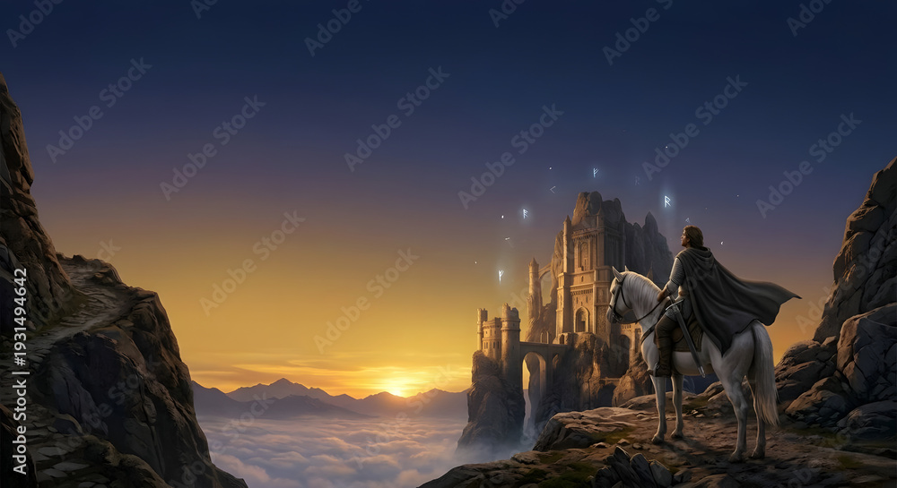 Naklejka premium Fantasy knight on horseback overlooking a castle at sunset 