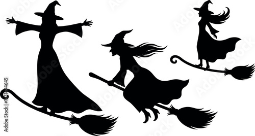 Black silhouette set of three witches flying on broomsticks wearing pointed hats vector illustration icons isolated on white background for Halloween decoration.